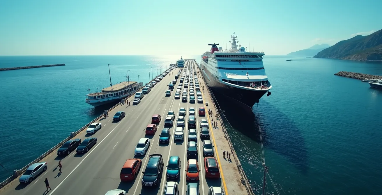 Vue aérienne montrant des voitures en file d'attente pour embarquer sur un ferry dans un port méditerranéen