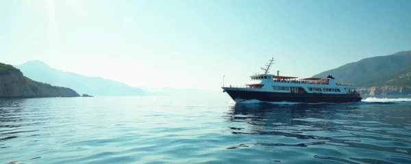 Photo réaliste d'un grand ferry naviguant en mer Méditerranée vers la Sardaigne sous un ciel clair et lumineux