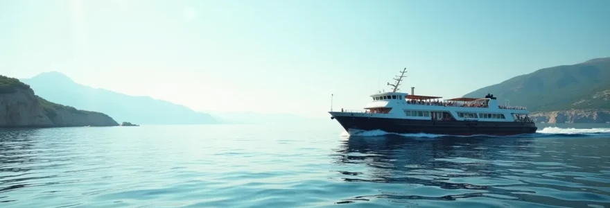 Photo réaliste d'un grand ferry naviguant en mer Méditerranée vers la Sardaigne sous un ciel clair et lumineux